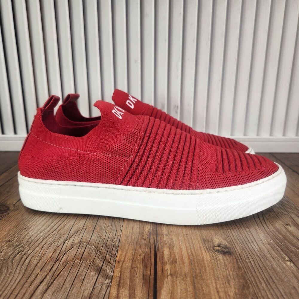 DKNY Red Slip On Shoes Womens Sz 9 M Knit Trainers Comfort Designer Fashion Low